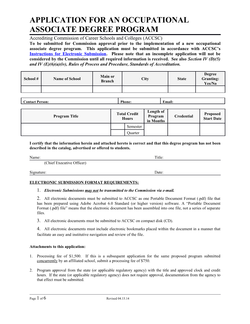 Application for an Occupational Associate Degree Program