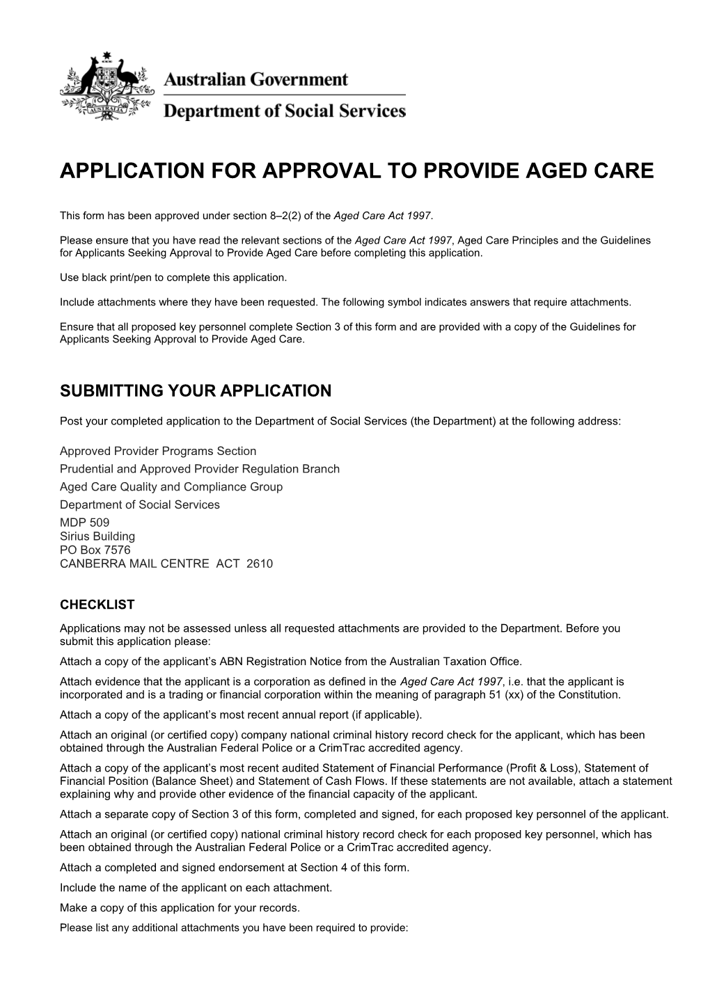 Application for Approval to Provide Aged Care