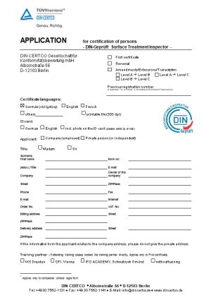Application for Certification of Person DIN-Geprüftsurface Treatment Inspector Page1 Of2