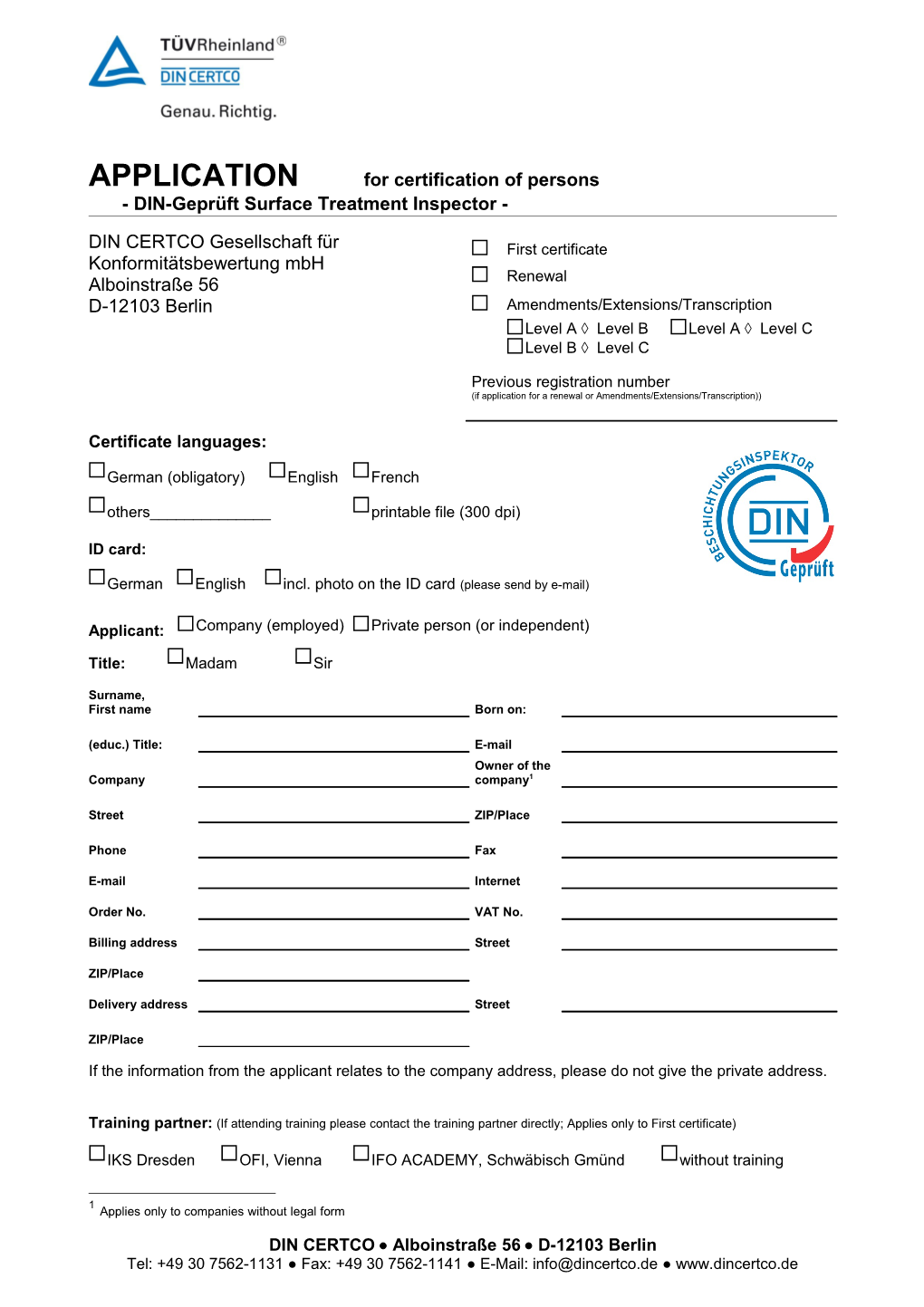 Application for Certification of Person DIN-Geprüftsurface Treatment Inspector Page1 Of2