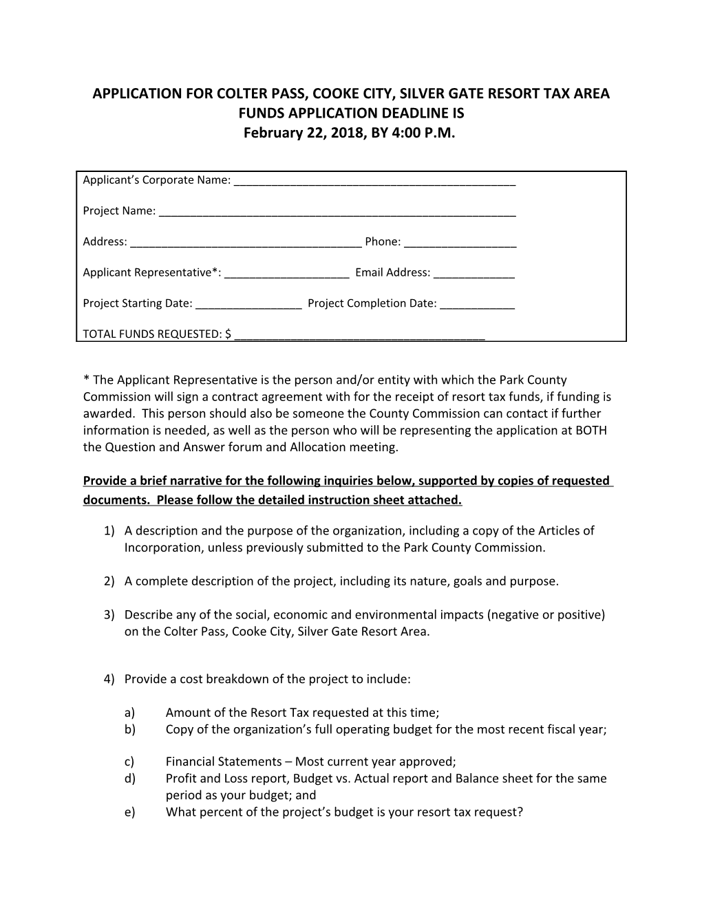 Application for Colter Pass, Cooke City, Silver Gate Resort Tax Area Funds Application