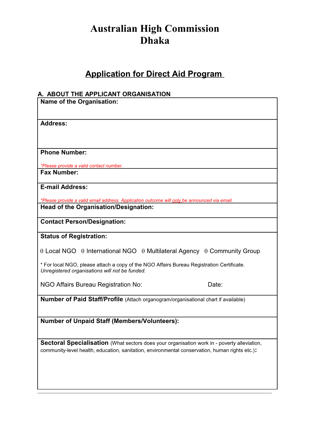 Application for Direct Aid Program