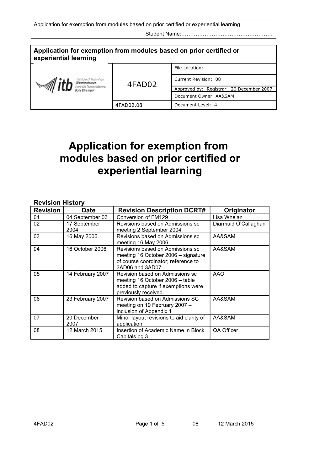 Application for Exemption from Modules Based on Prior Certified Or Experiential Learning