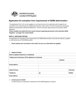 Application for Exemption from Requirements of GEMS Determination
