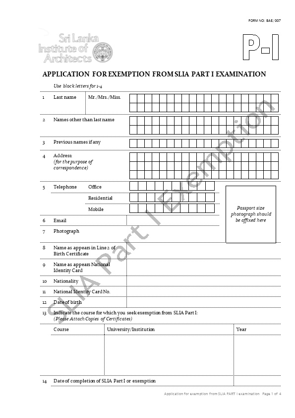 Application for Exemption from SLIA PART I Examination Page 1 of 4