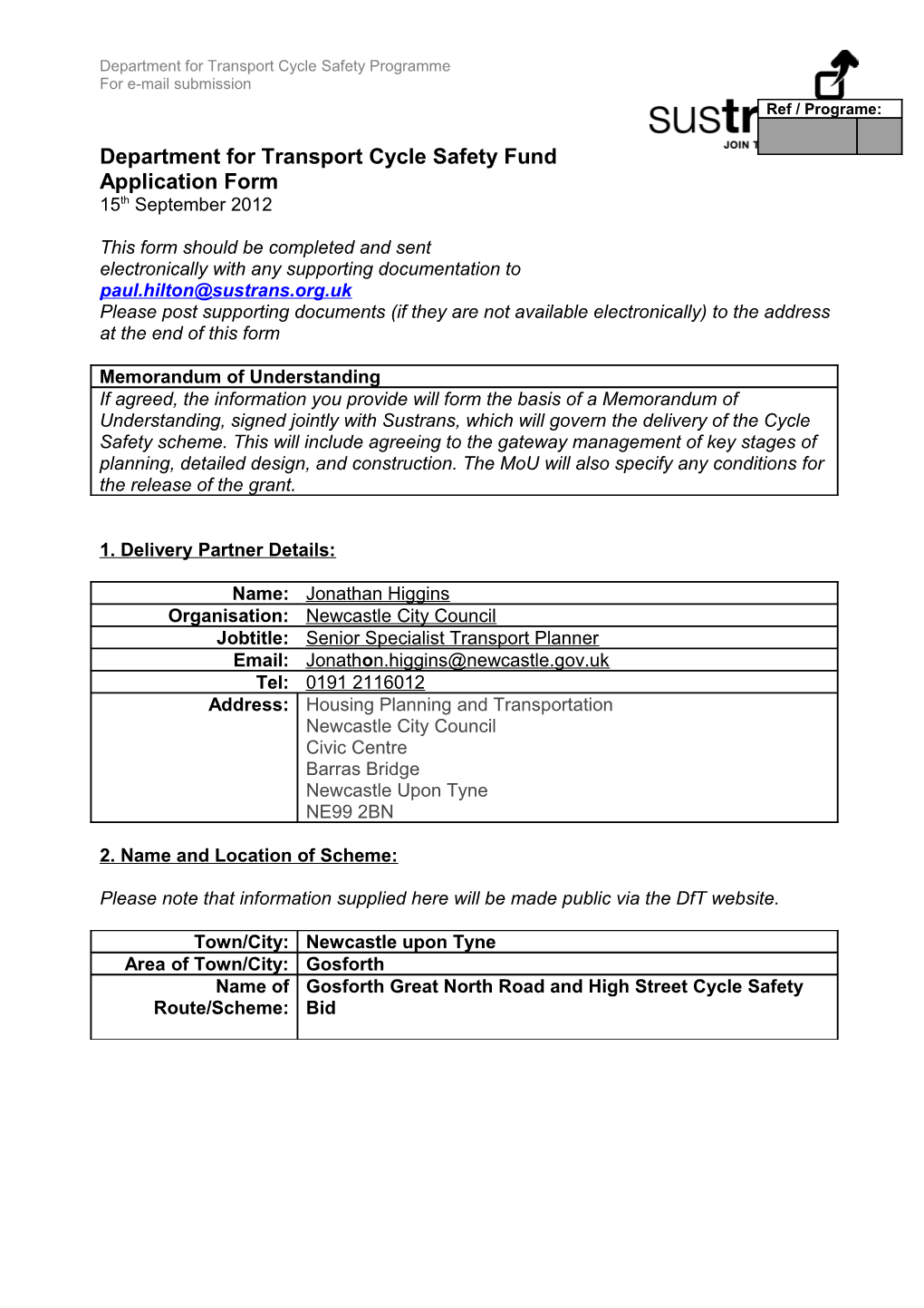 Application for Funding from Dft Grant to Sustrans