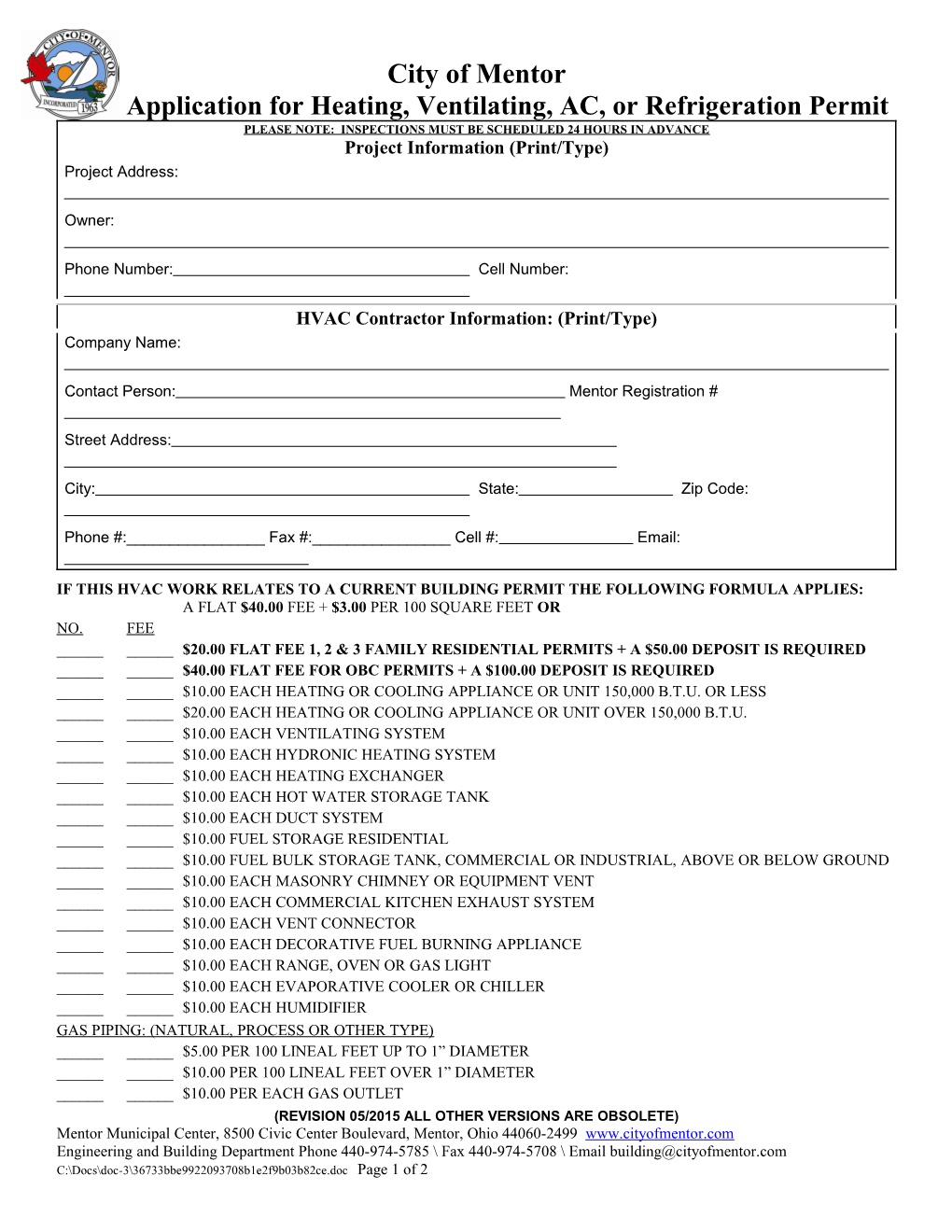 Application for Heating, Ventilating, AC, Or Refrigeration Permit