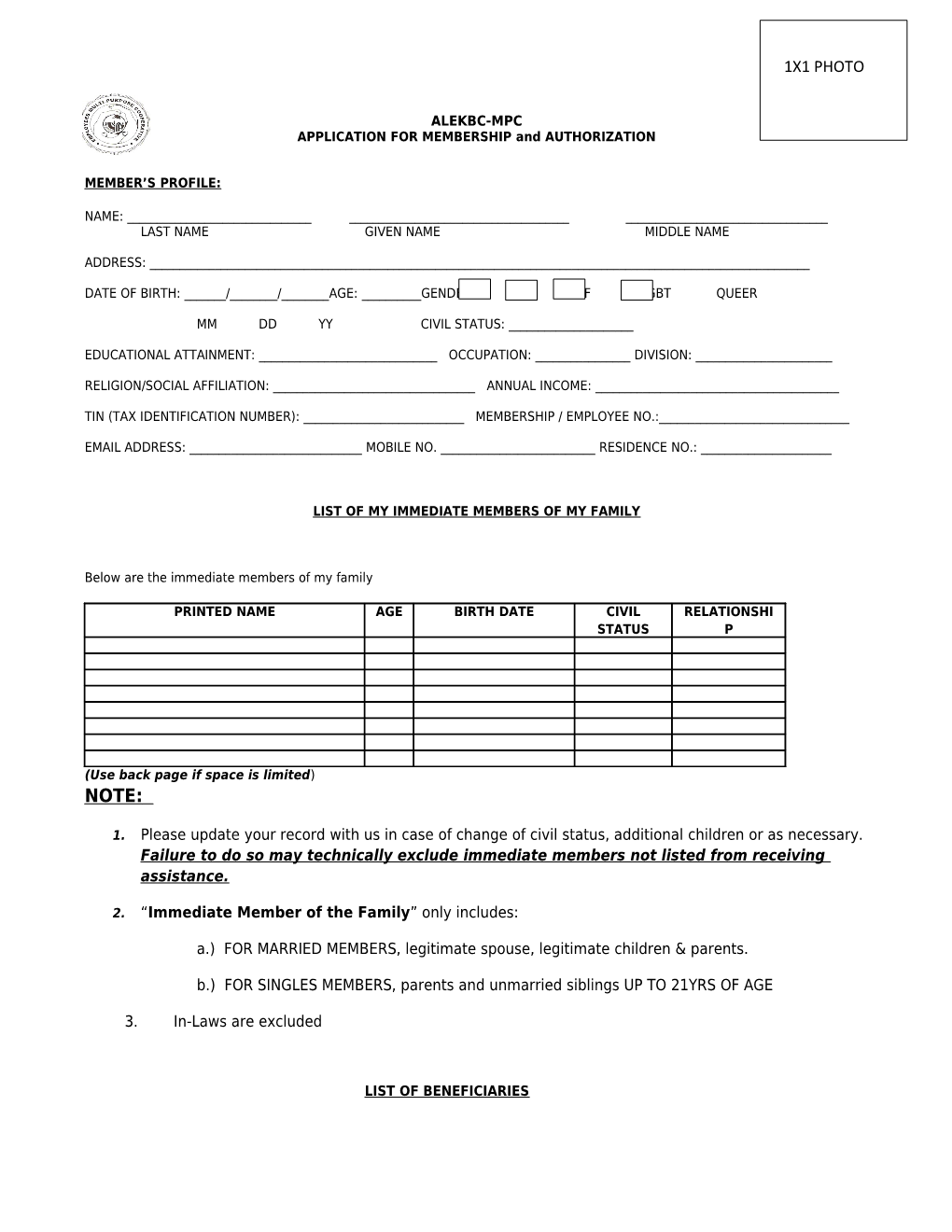 APPLICATION for MEMBERSHIP and AUTHORIZATION