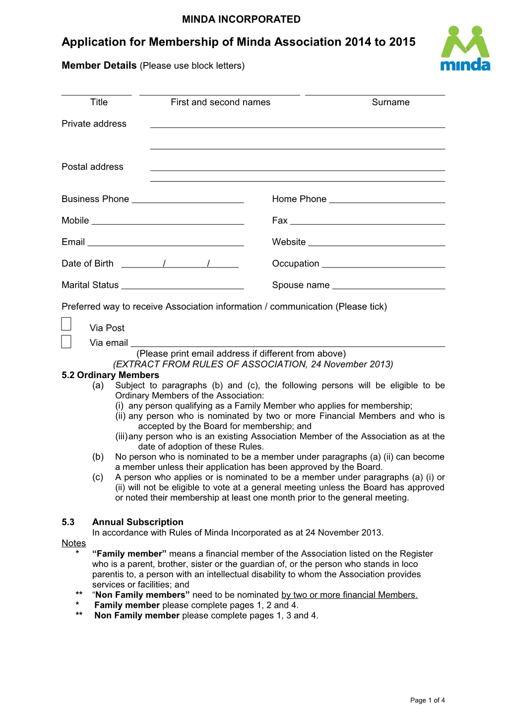 Application for Membership of Minda Association 2014 to 2015