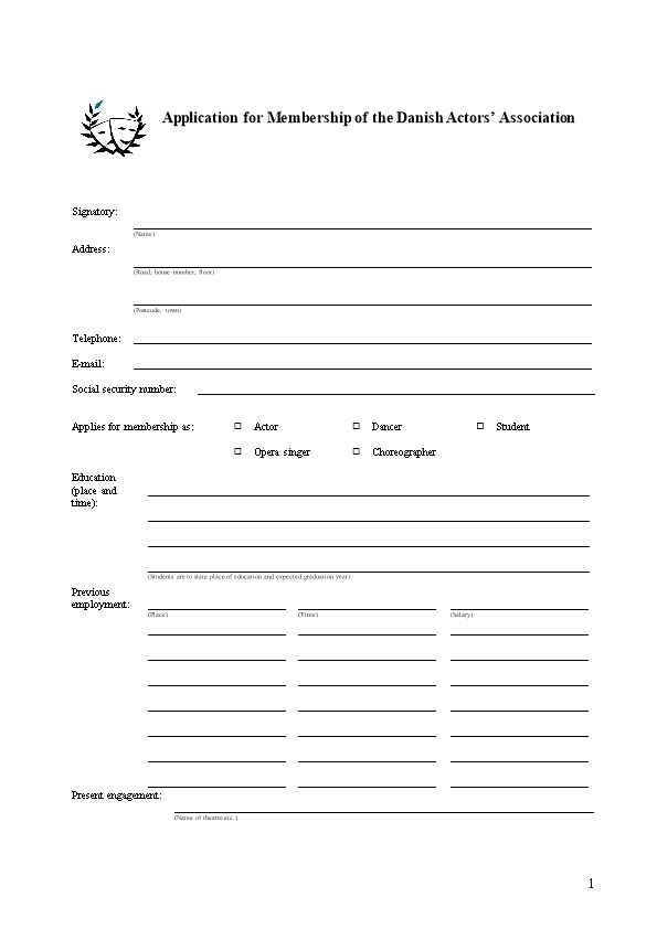 Application for Membership of the Danish Actors Association