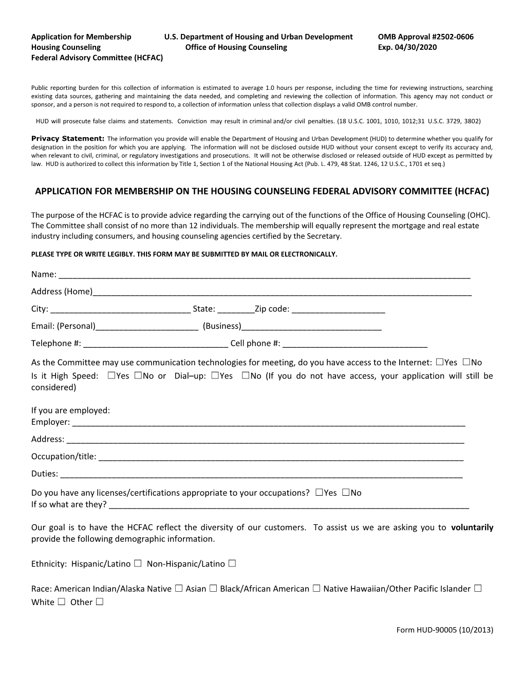 Application for Membership U.S. Department of Housing and Urban Development OMB Approval