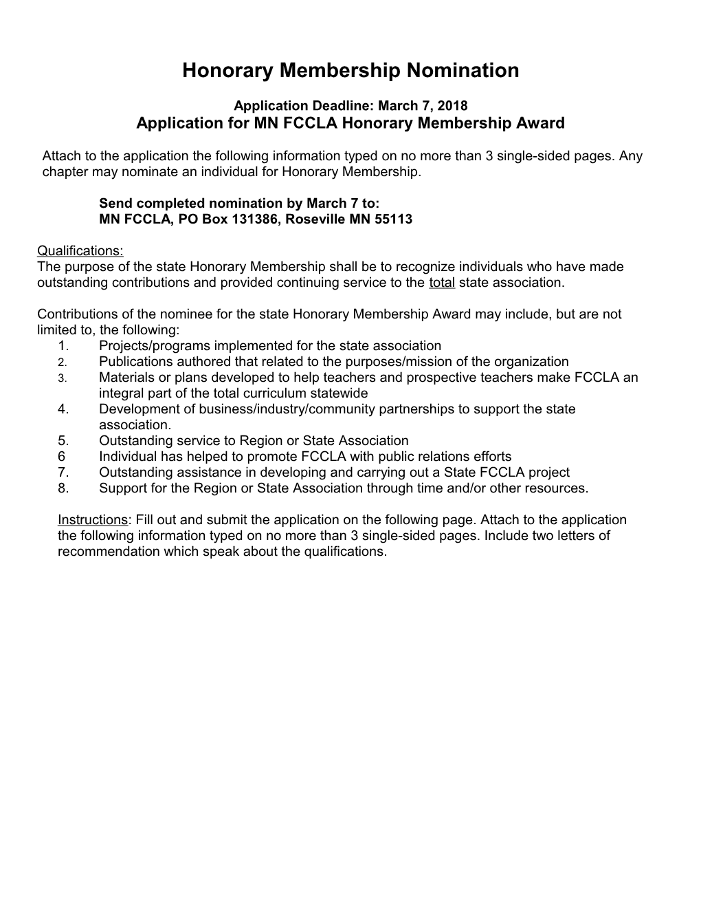 Application for MN FCCLA Honorary Membership Award