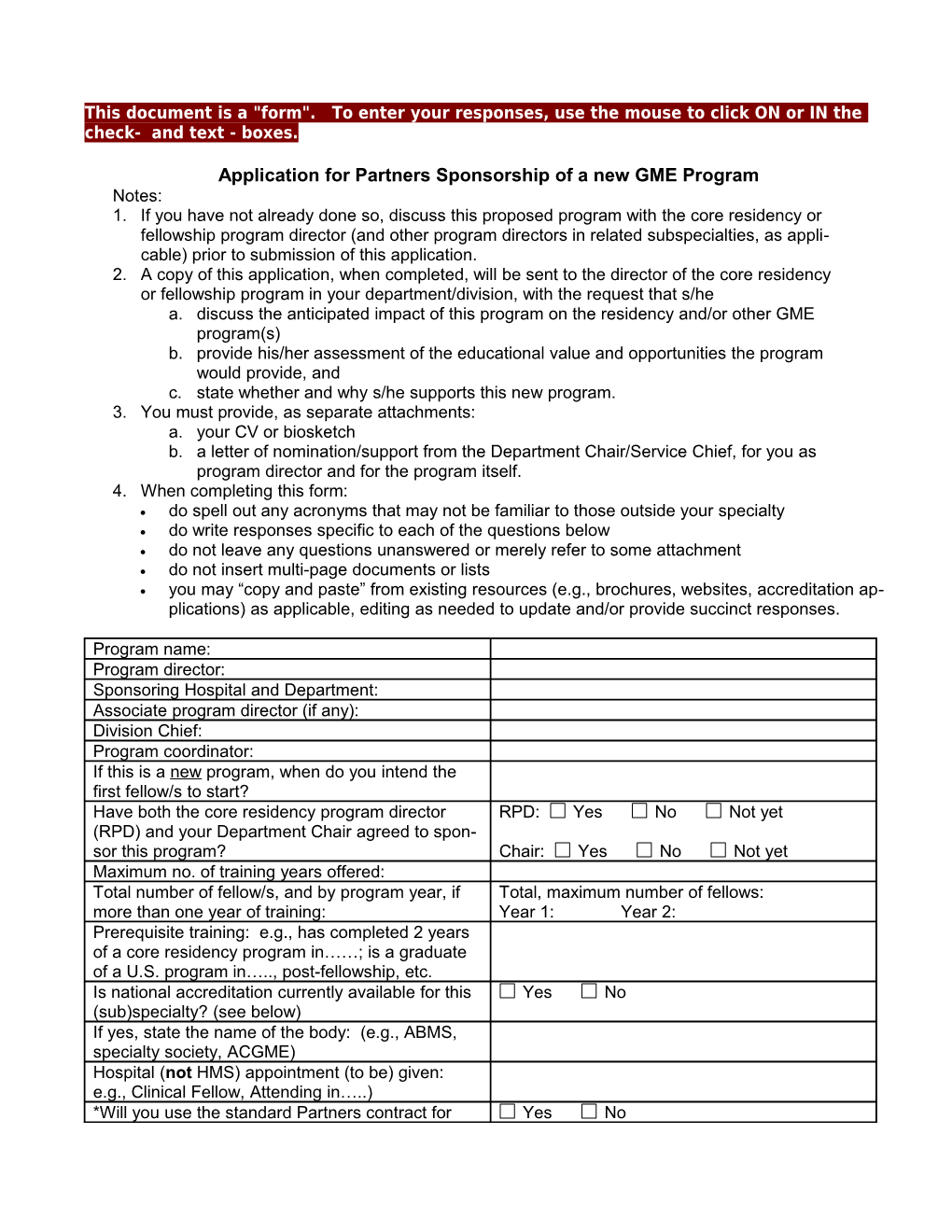 Application for Partners Sponsorship of a New GME Program