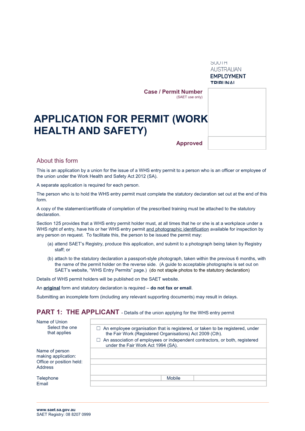 Application for Permit (Work Health and Safety)
