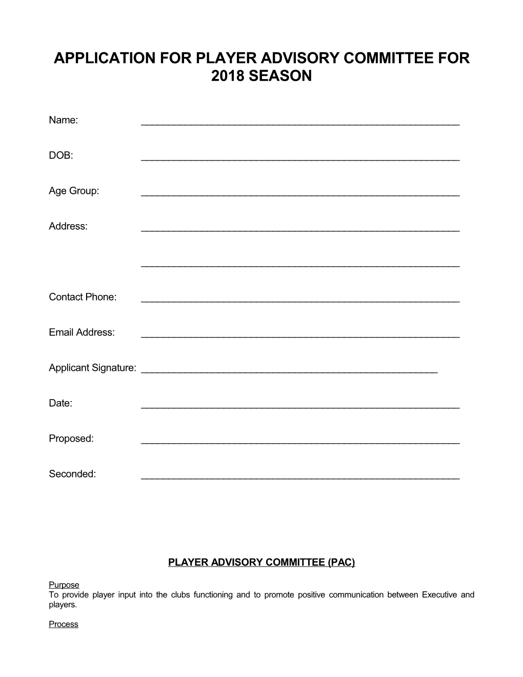 Application for Player Advisory Committee for 2018 Season