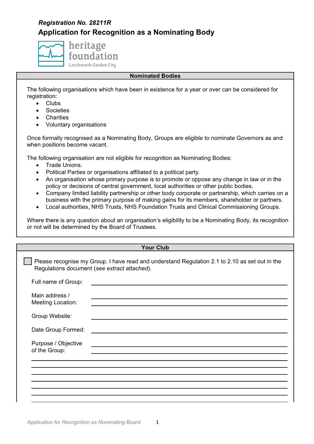 Application for Recognition As Nominating Board 1