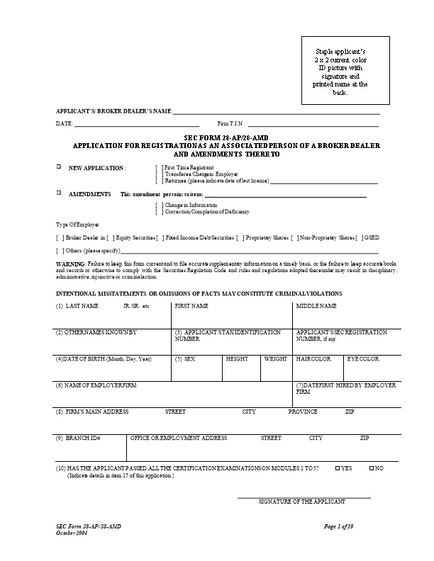 Application for Registration As an Associated Person of a Broker Dealer
