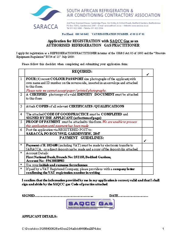 Application for REGISTRATION with SAQCC Gas Asan
