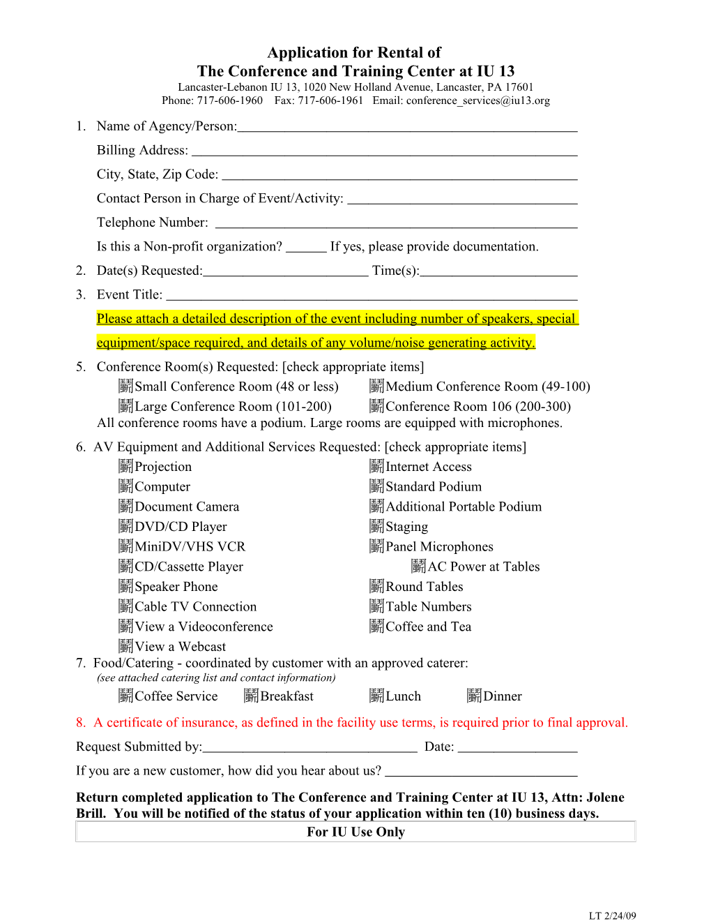 Application for Rental of Lancaster-Lebanon IU 13 Conference Facilities