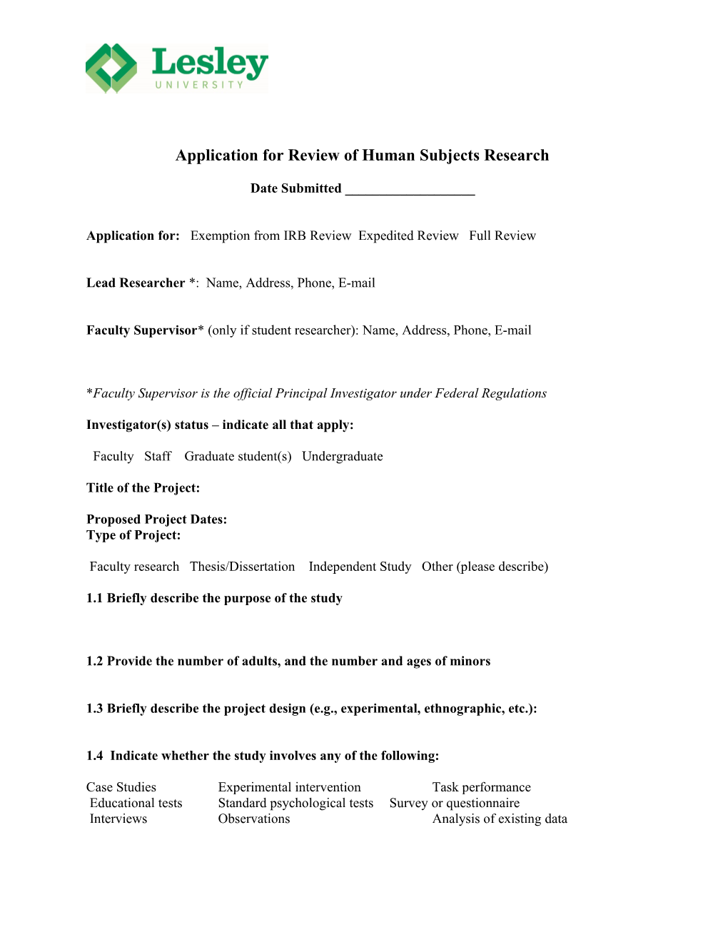Application for Review of Human Subjects Research