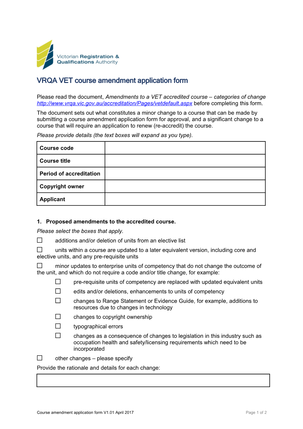 Application for Short Term Renewal of a VET Accredited Course
