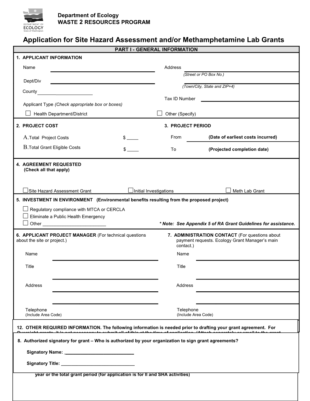 Application for Site Hazard Assessment And/Or Methamphetamine Lab Grants