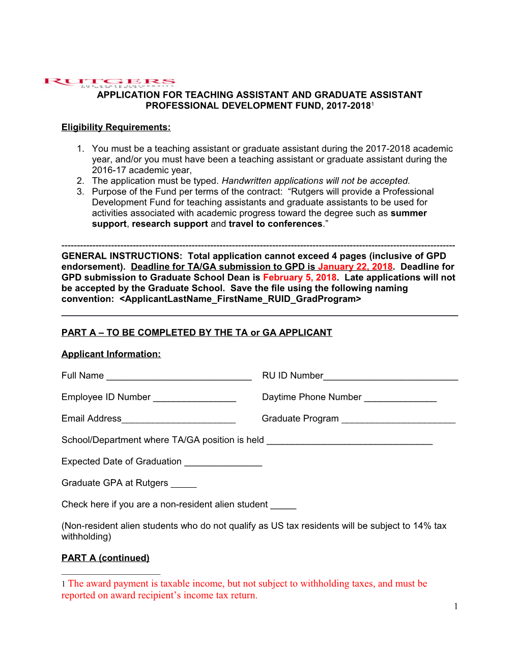 Application for Teaching Assistant and Graduate Assistant Professional Development Fund