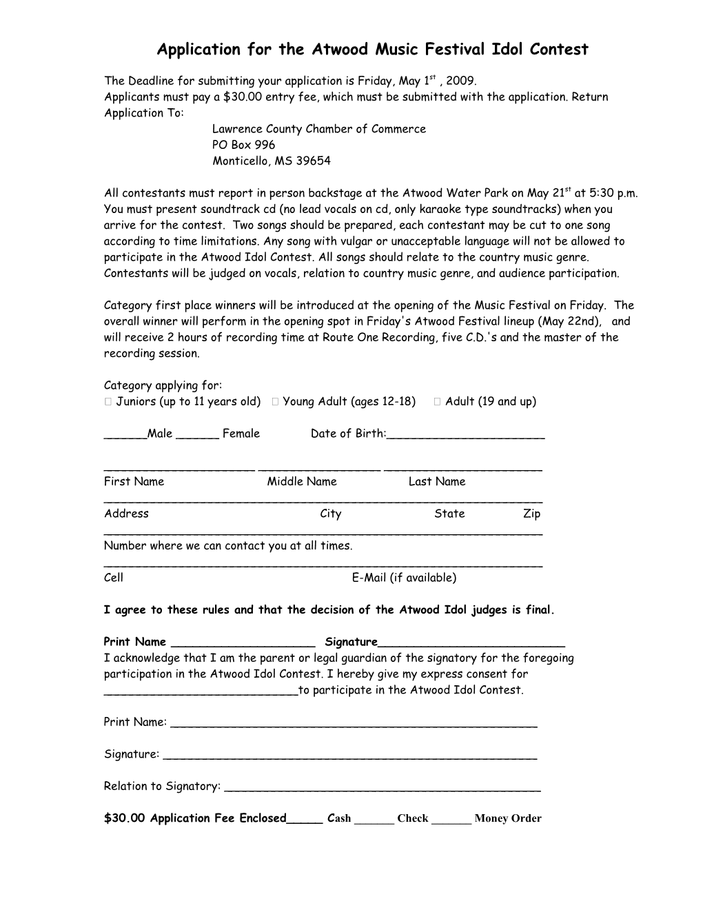 Application for the Atwood Music Festival Idol Contest