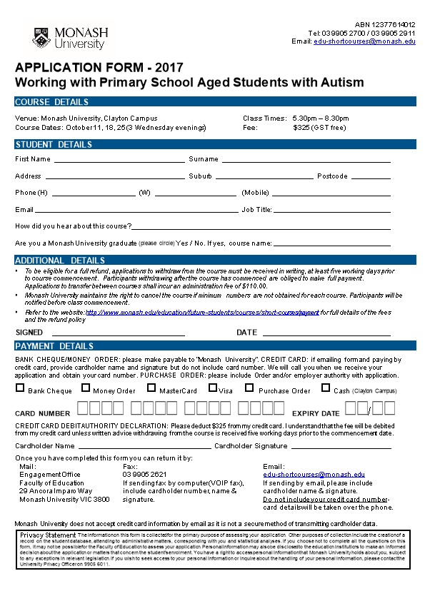 APPLICATION FORM - 2017 Working with Primary School Aged Students with Autism
