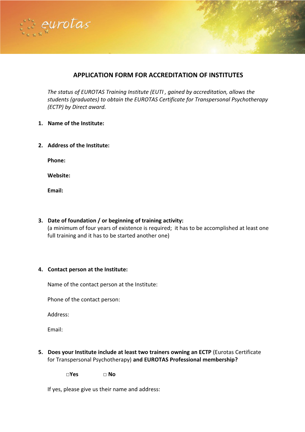Application Form for Accreditation of Institutes
