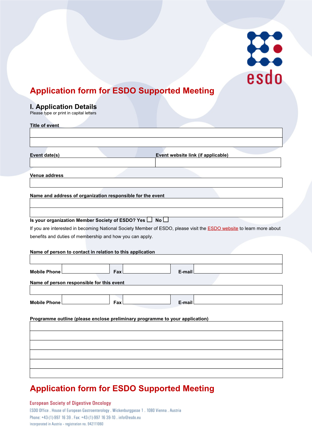 Application Form for ESDO Supported Meeting