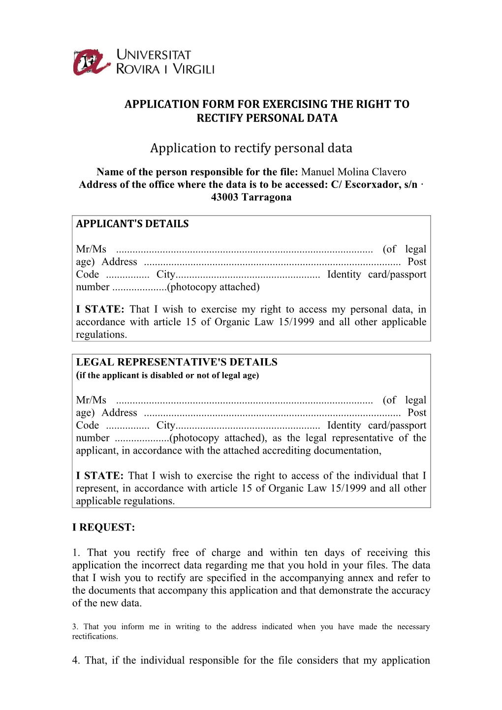 Application Form for Exercising the Right to Rectify Personal Data