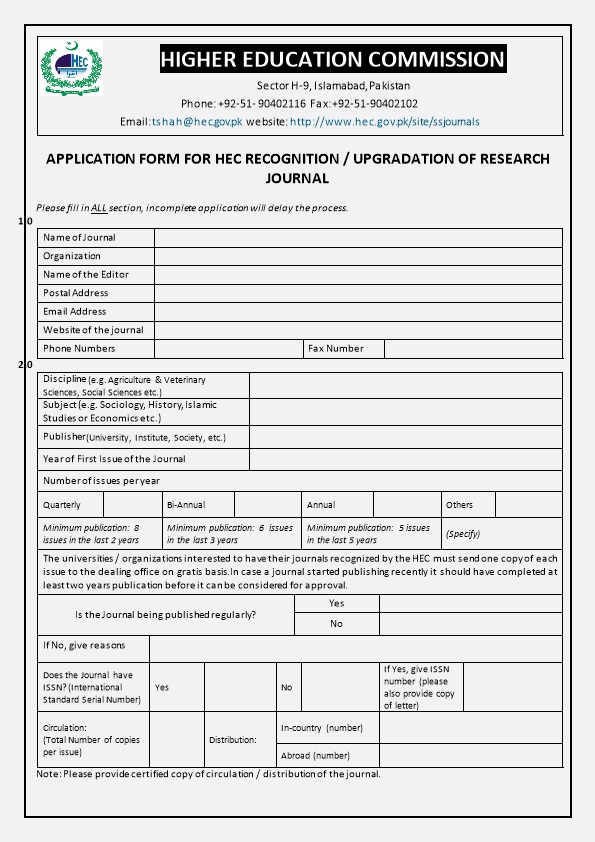 Application Form for Hec Recognition / Upgradation Ofresearch Journal