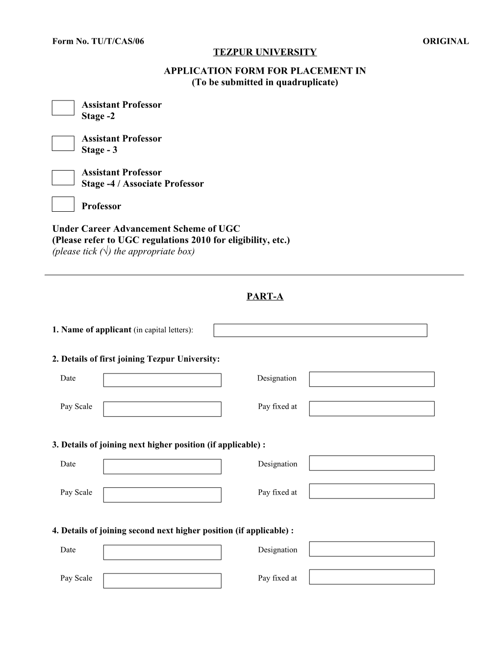 Application Form for Placement In