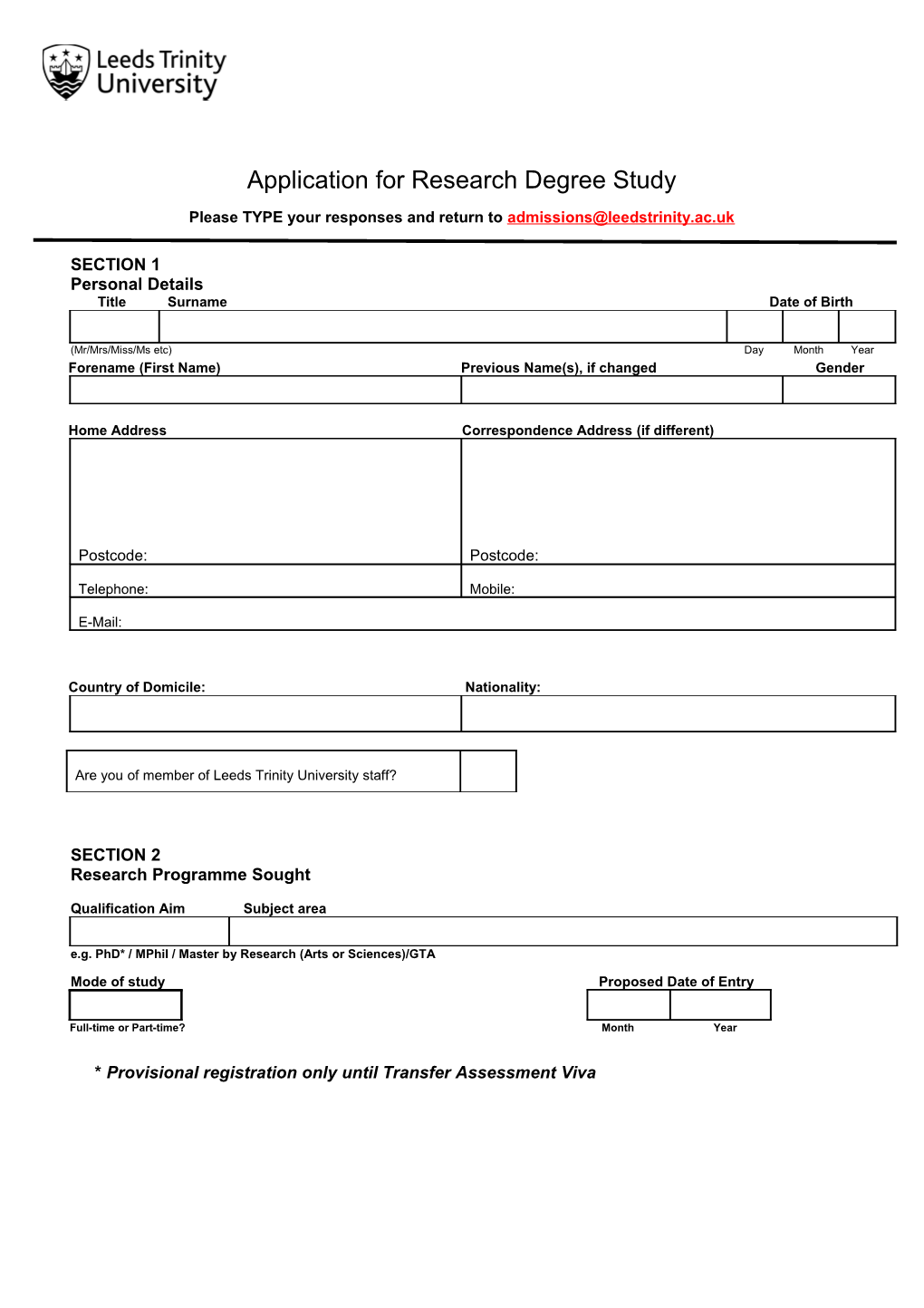 Application Form for Postgraduate Study
