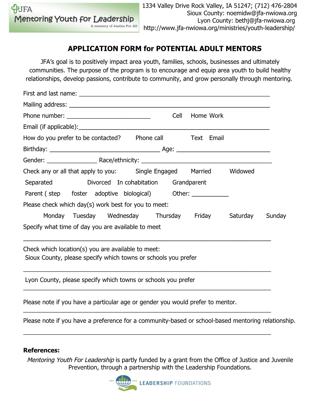 APPLICATION FORM for POTENTIAL ADULT MENTORS