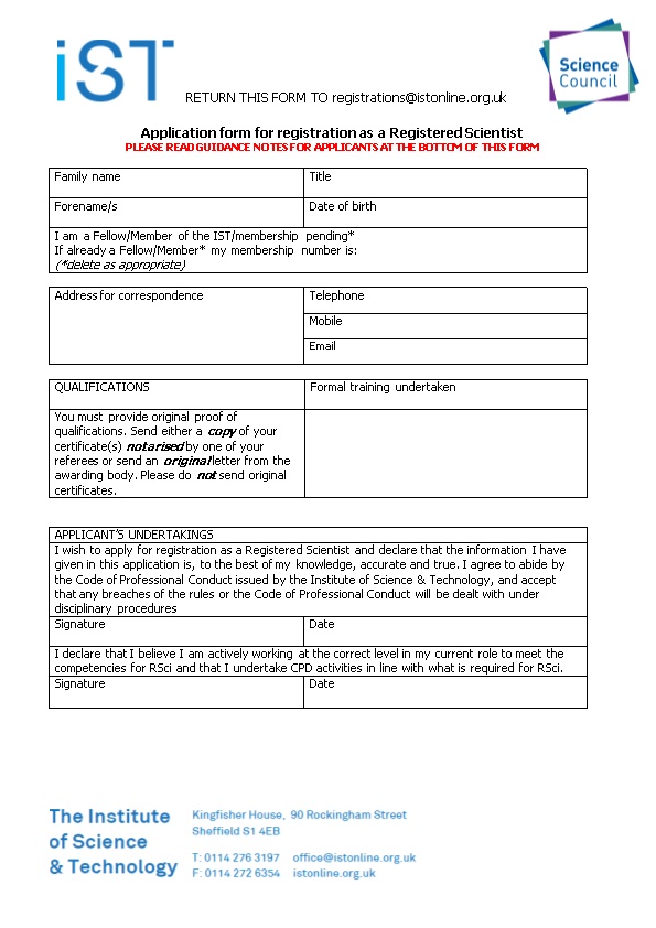 Application Form for Registration As a Registered Scientist