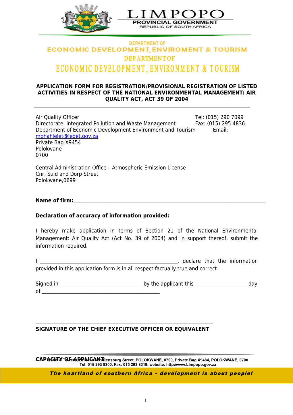 Application Form for Registration/Provisional Registration of Listed Activities in Respect