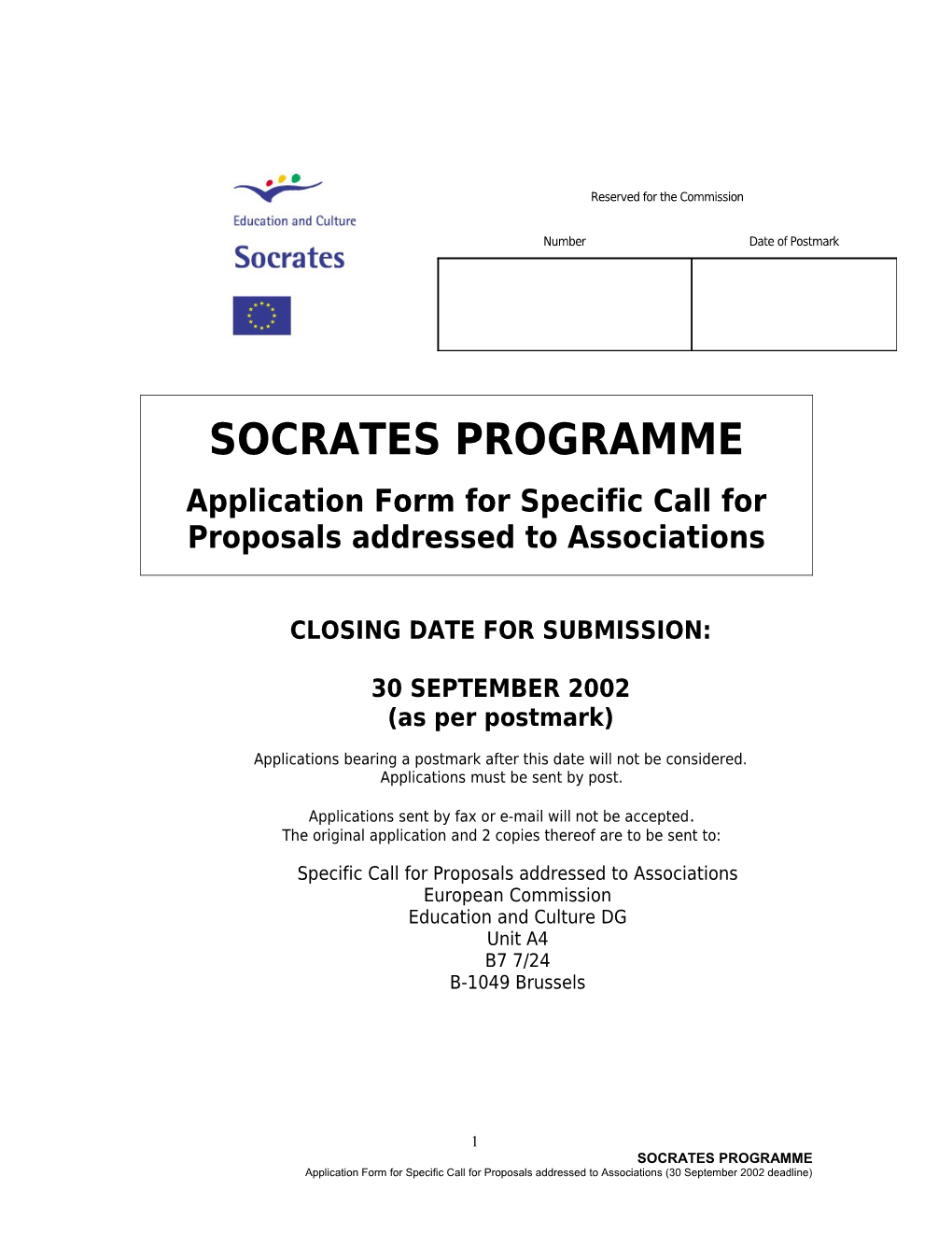 Application Form for Specific Call for Proposals Addressed to Associations