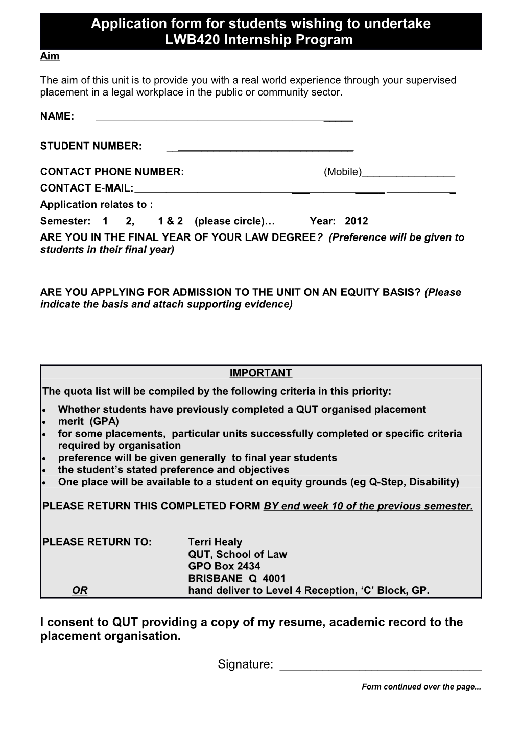 Application Form for Students Wishing to Undertake