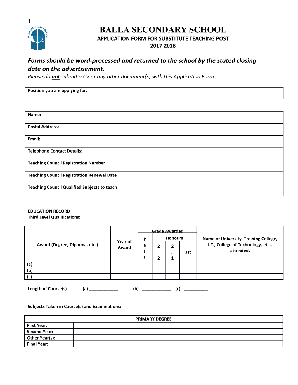 Application Form for Substitute Teaching Post