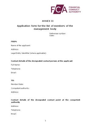 Application Form for the List of Members of the Management Body
