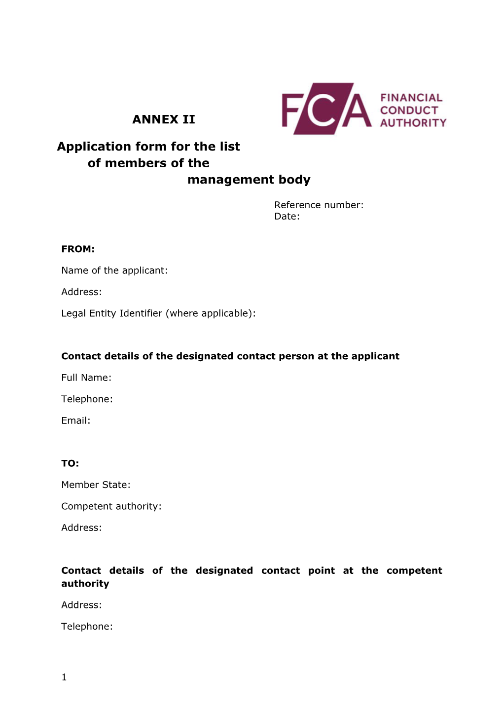 Application Form for the List of Members of the Management Body