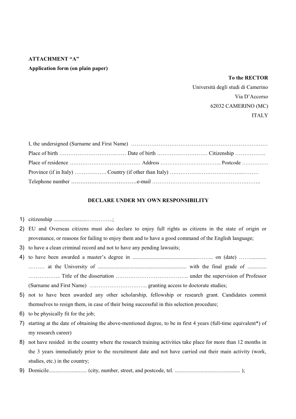 Application Form (On Plain Paper)