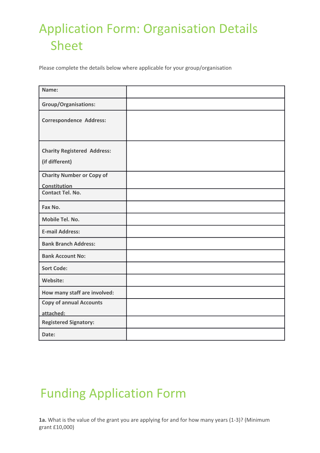 Application Form: Organisation Details Sheet