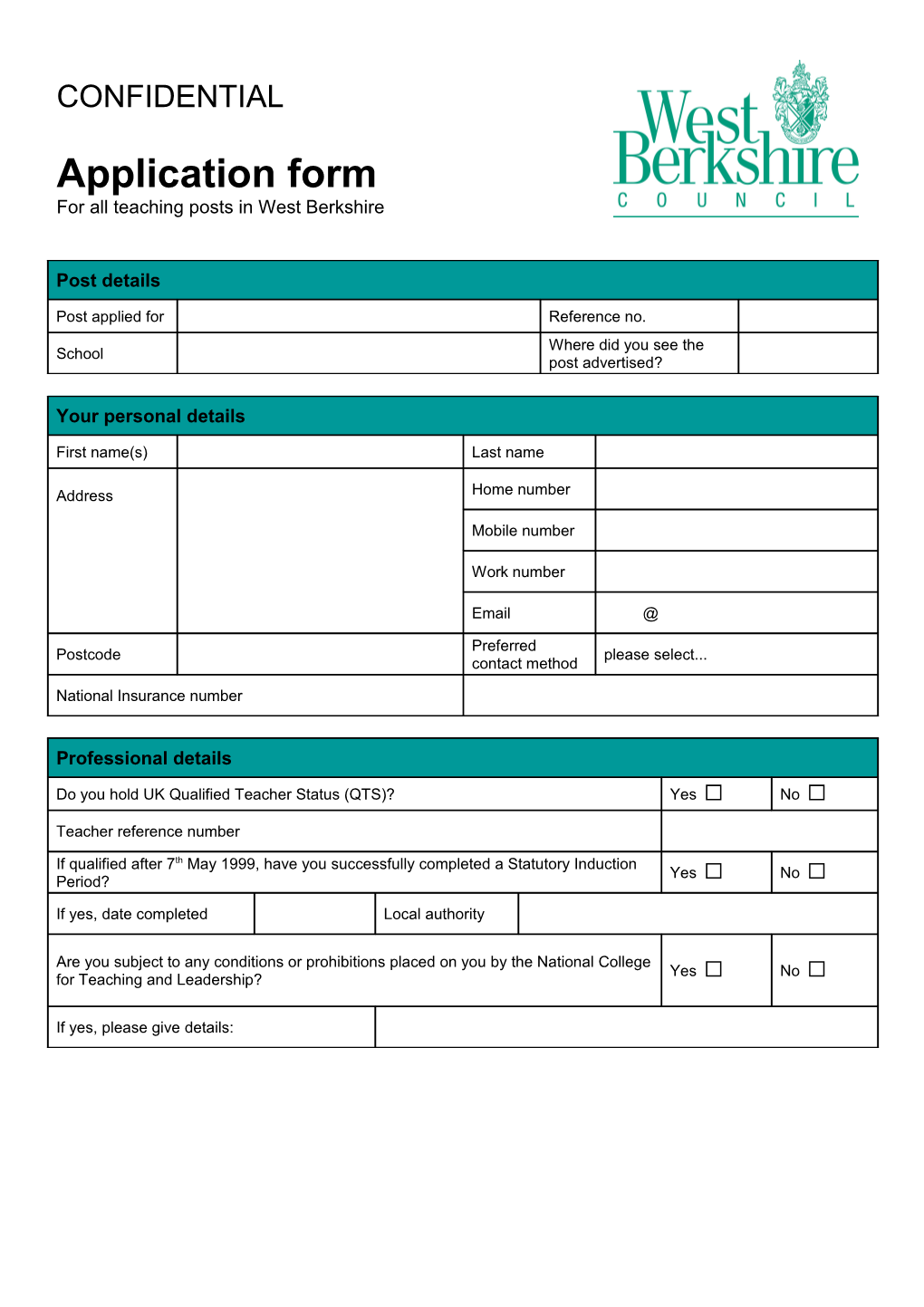 Application Form Teaching Posts in Westberkshire Page 1