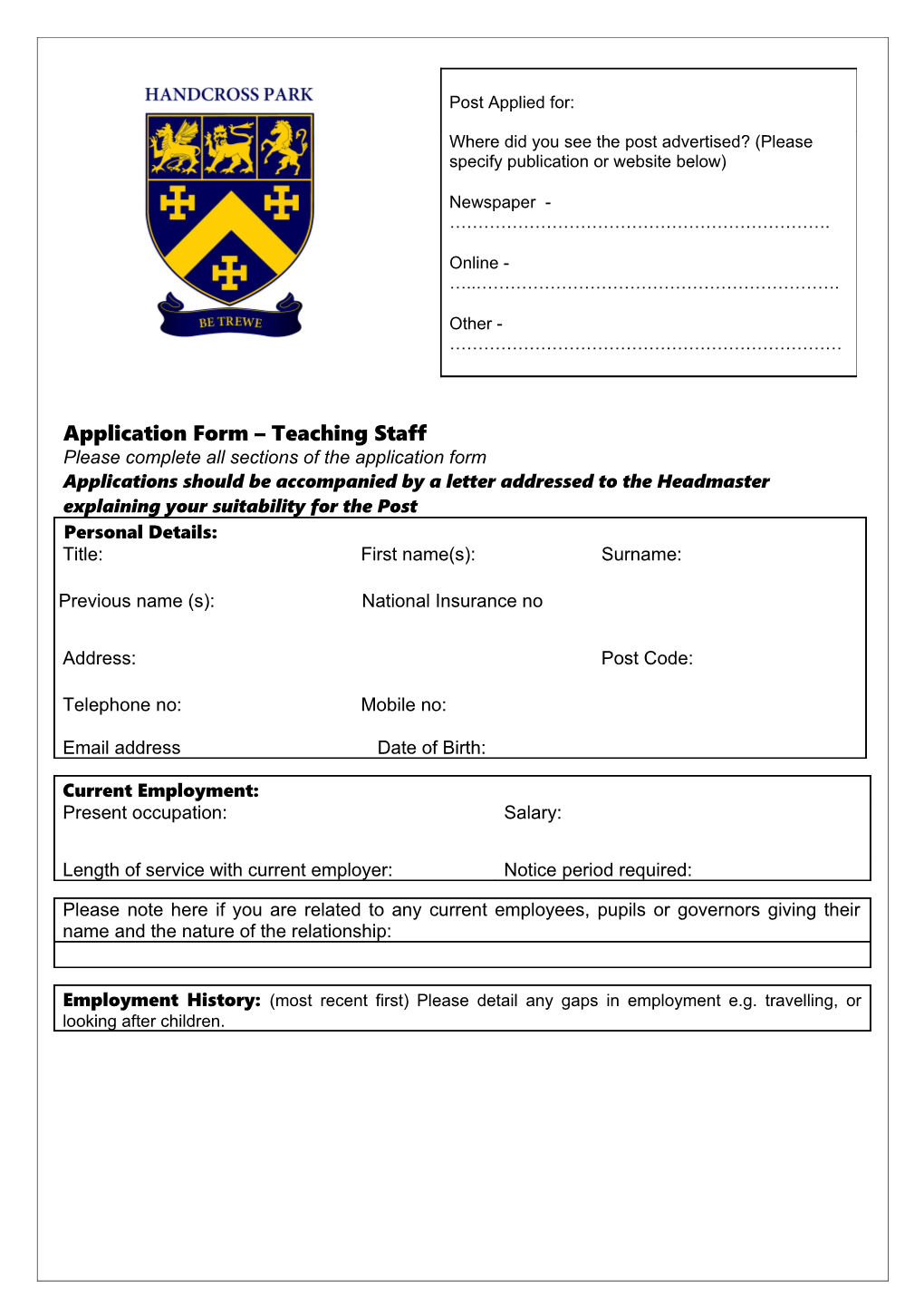 Application Form Teaching Staff