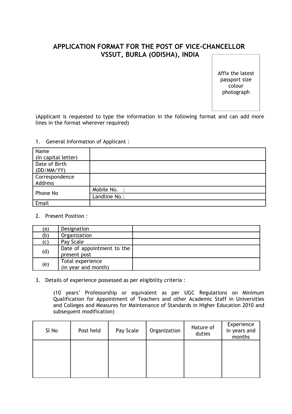 Application Format for the Post of Vice Chancellor