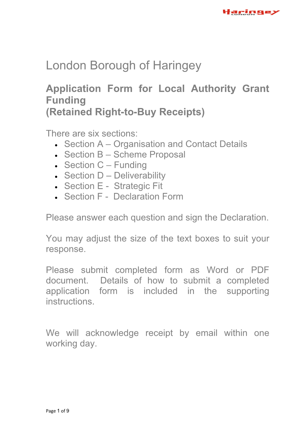 Application Formfor Local Authority Grant Funding