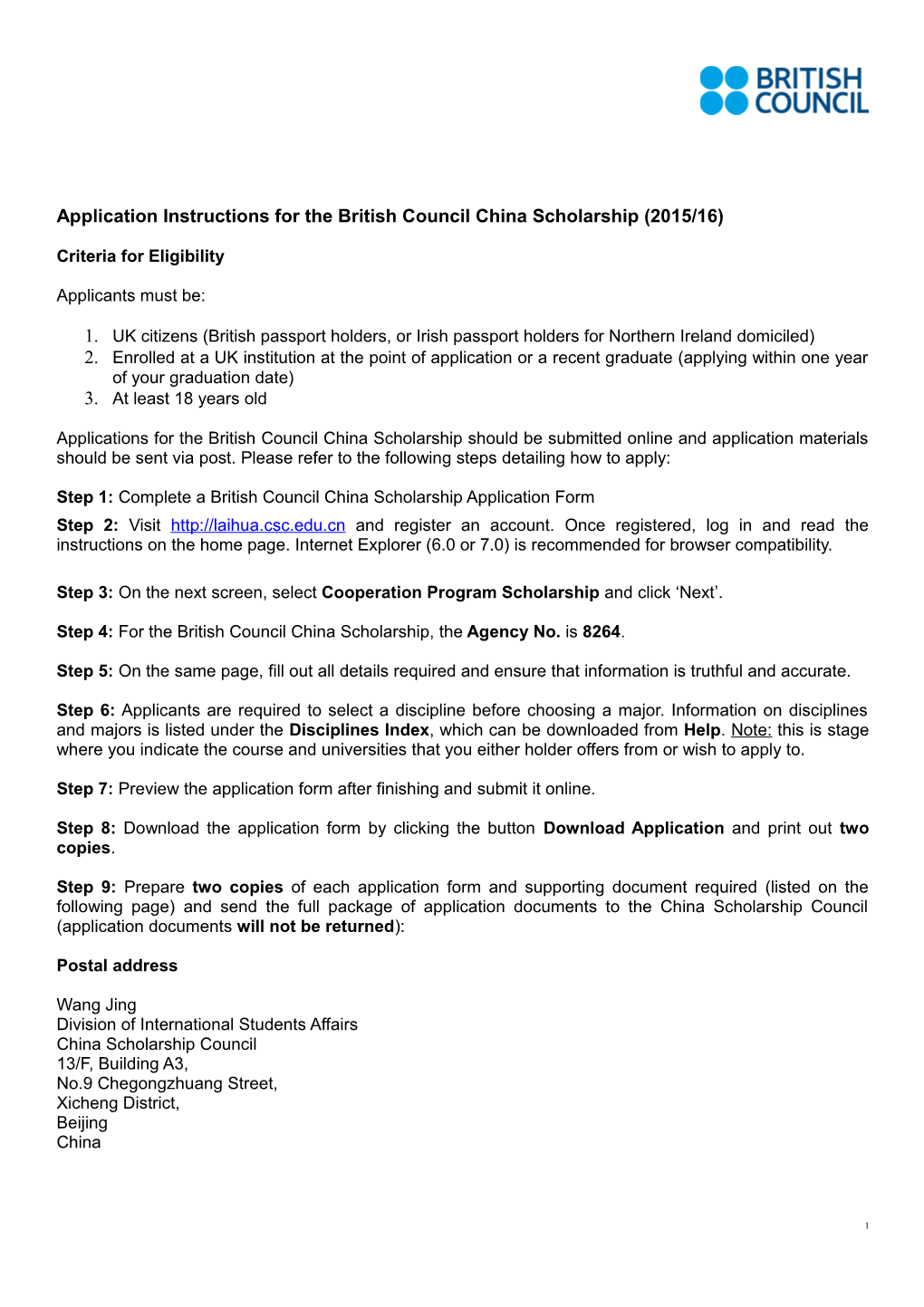 Application Instructions for the British Council China Scholarship (2015/16)